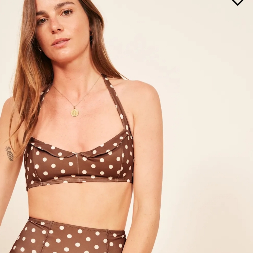NWT Reformation Bikini Top Betty Halter Brown Cream Polka Dot Retro Neutral Swim